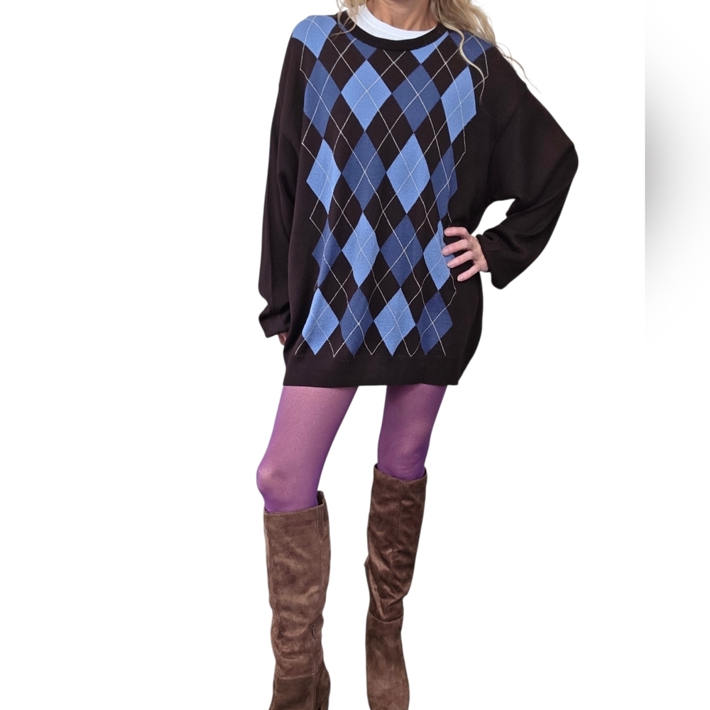 Vintage Italian Wool Blend Argyle Sweater Oversized Brown Blue Preppy - Picture 5 of 8